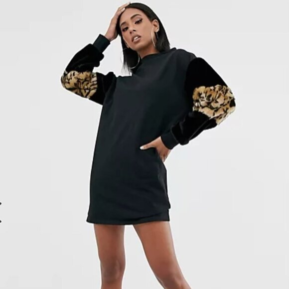 Asos Design Women's Leopard Print Sleeve Sweat Dress - 6 - Picture 1 of 6